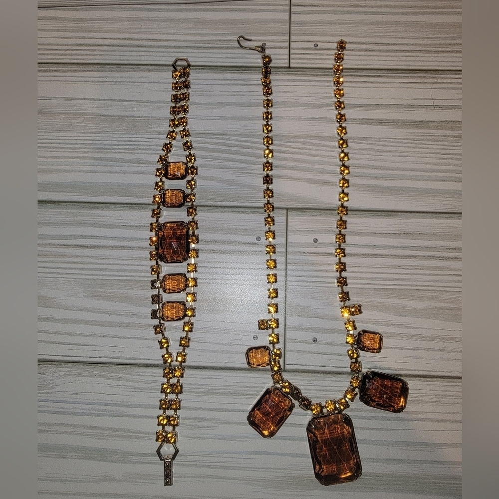 Vintage Amber Glass Rhinestone Necklace Bracelet Demi Parure Set